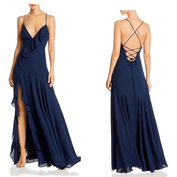 FAME AND PARTNERS CALLAIS WOMENS RUFFLE SLIT FORMAL DRESS - Picture 1 of 10